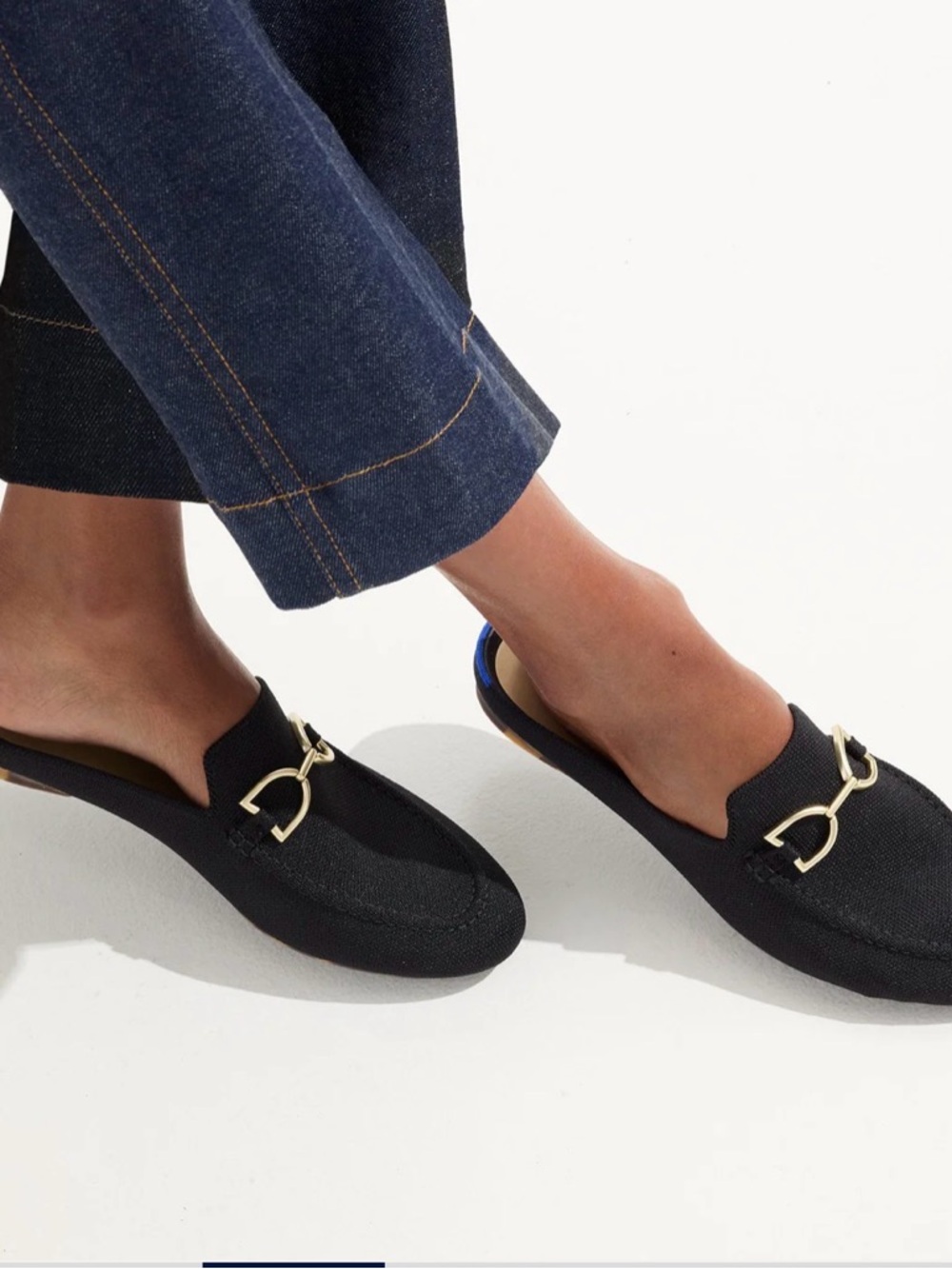 Rothy's Double Bit Black Slip-On Loafer Mules Gold Accent - Sz 7
